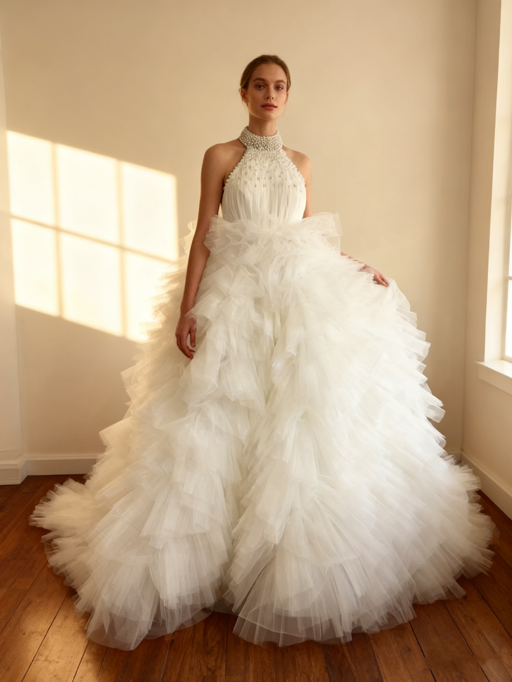 送料無料！ウェディングドレス アメスリ パール もこもこドレス プリンセスライン ソフトチュール 花嫁 ノースリーブ