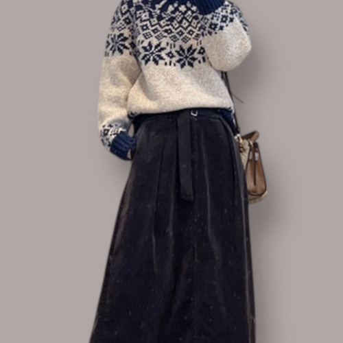 ウール混紡フェアアイル柄 手編みニット・レトロブルーのセーター