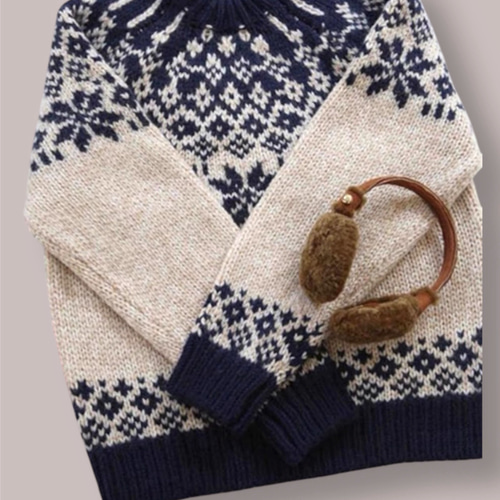 ウール混紡フェアアイル柄 手編みニット・レトロブルーのセーター