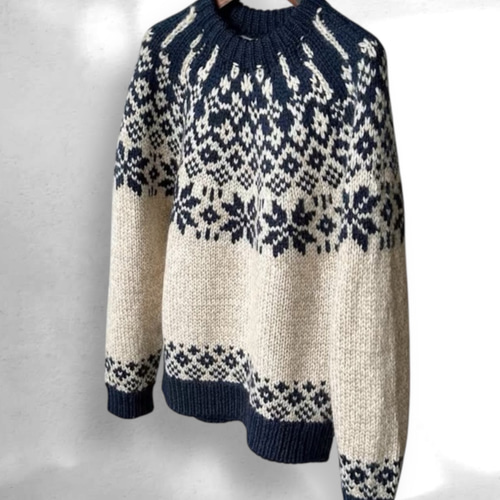 ウール混紡フェアアイル柄 手編みニット・レトロブルーのセーター
