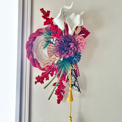 No.6 カラーしめ縄リース2024 ハンドメイドお正月飾り 玄関ドア しめ縄