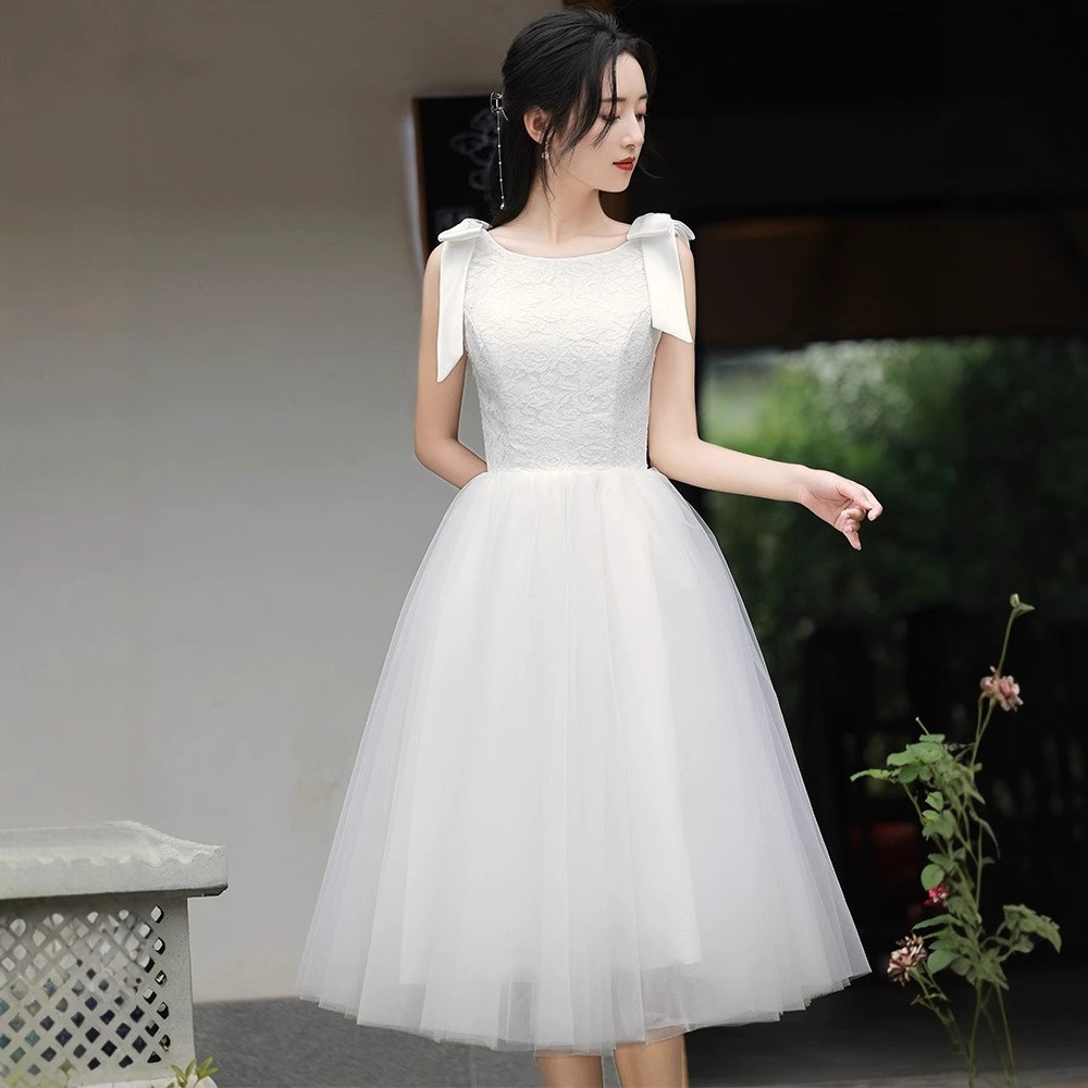 高級感 白 黒 ノースリーブ ふわふわ パーティードレス シンプル 韓国風 花嫁 誕生日 成人式 前撮り HL745