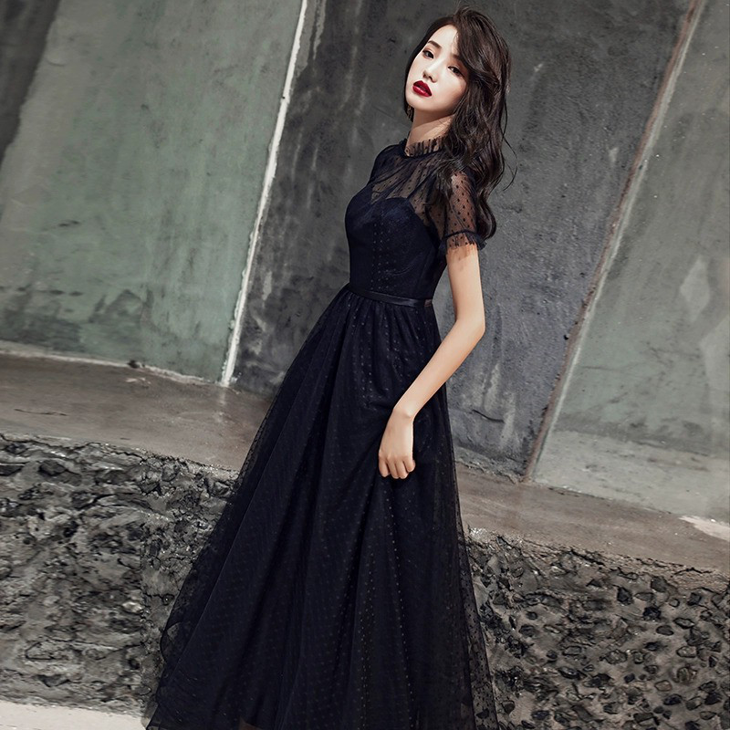 高級感 黒 赤 半袖 パーティードレス シンプル 韓国風 演奏会 誕生日 成人式 前撮り HL754