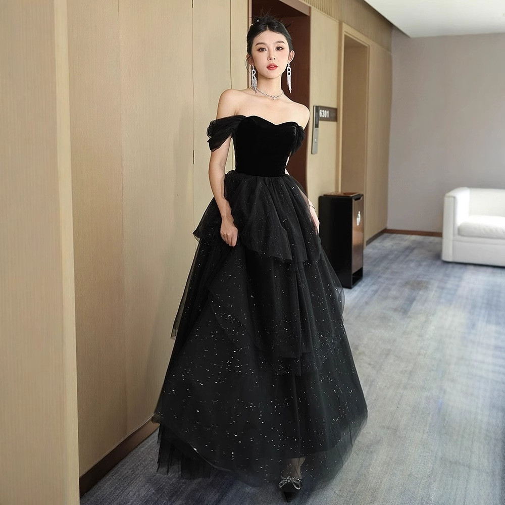高級感 黒 オフショルダー パーティードレス シンプル 韓国風 演奏会 誕生日 成人式 前撮り HL757