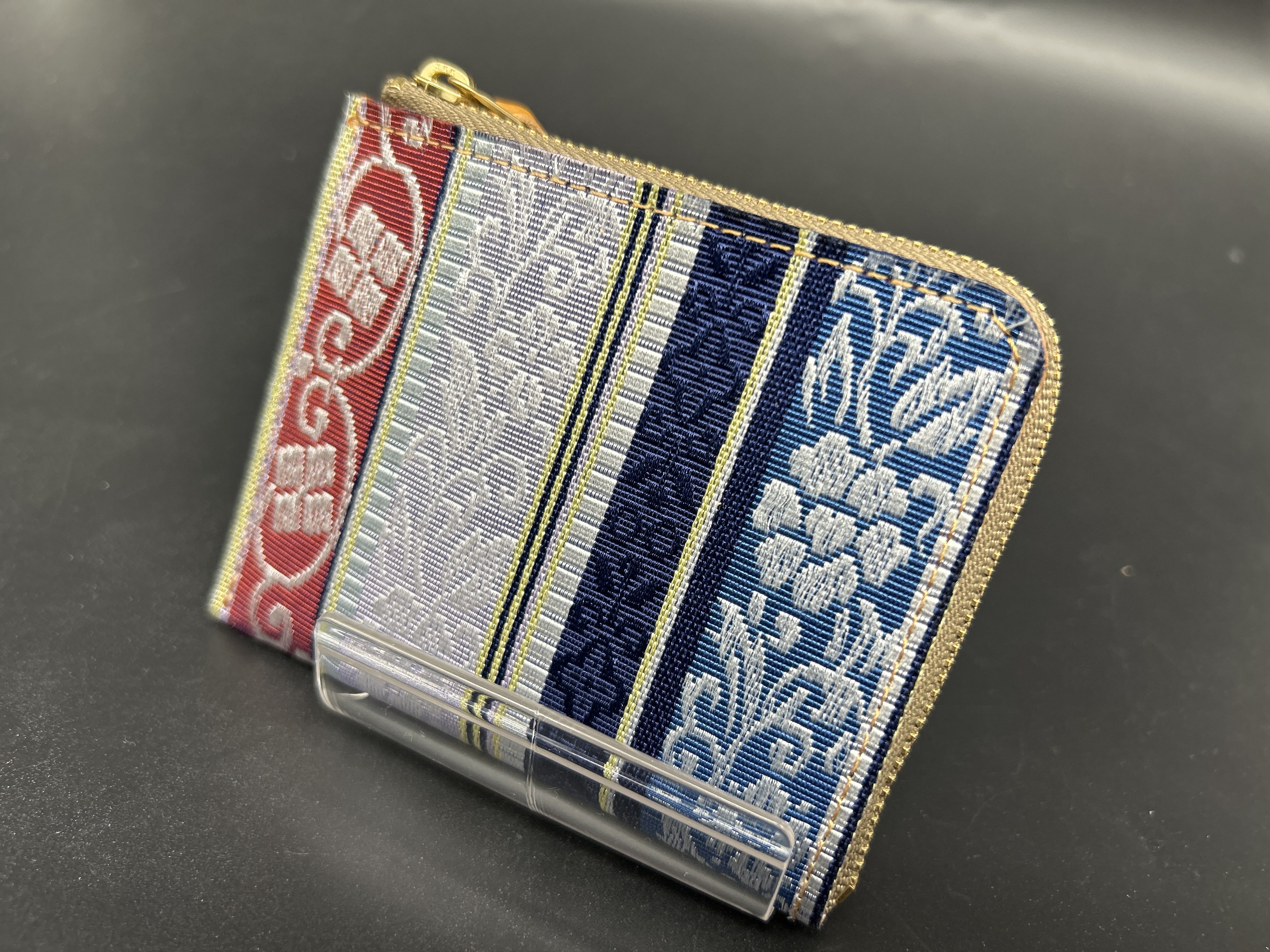 本場筑前博多織本革ミニ財布3 オリジナル帯地　イタリアンレザー使用 人気商品　花柄模様　青、赤