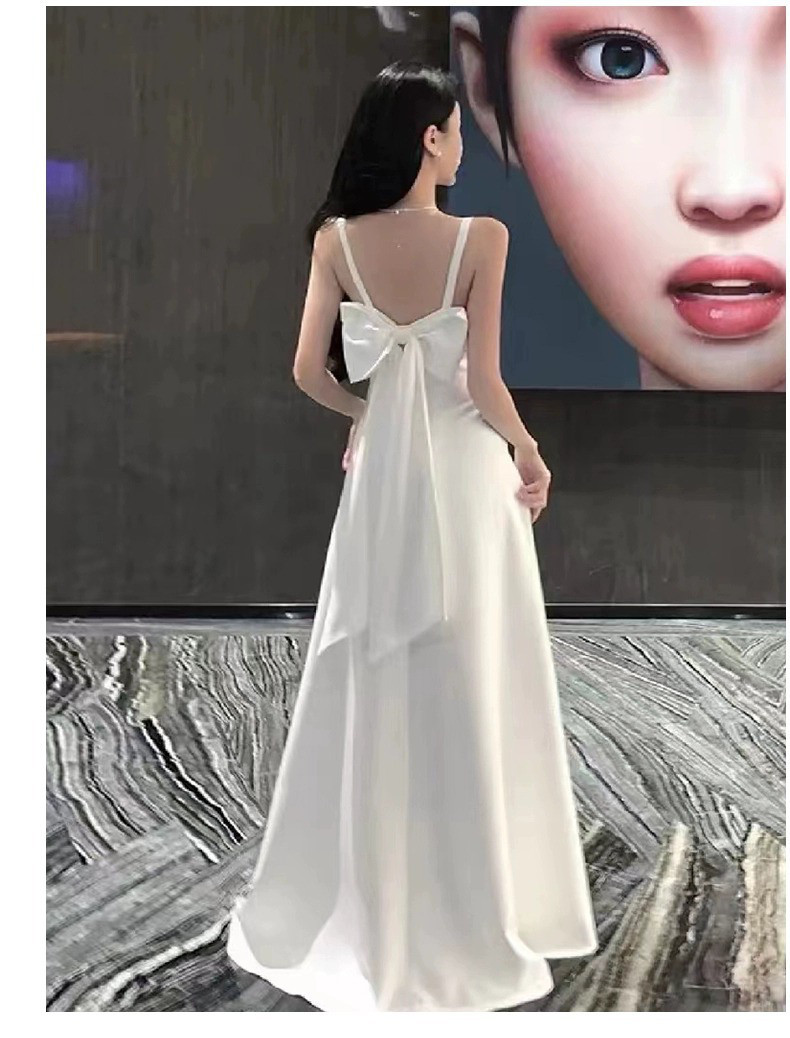 高級感 白 黒 リボン ノースリーブ パーティードレス シンプル 韓国風 演奏会 誕生日 成人式 前撮り HL762