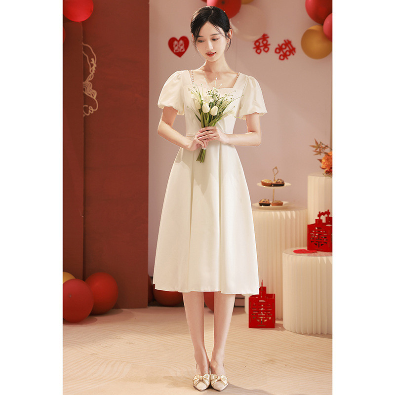 高級感 白 半袖 ウェディングドレス シンプル 韓国風 花嫁 誕生日 成人式 前撮り HL763