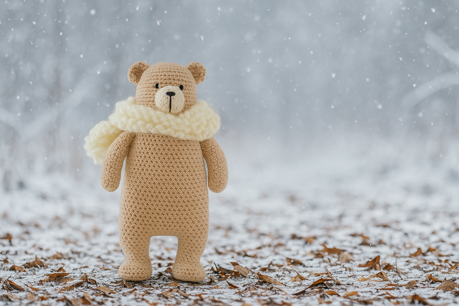 編みぐるみ　白いマフラーのくまさん　レース糸　模様編み　小さな贈り物　ほっこり癒されます　後ろ姿もかわいいくま