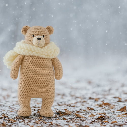 編みぐるみ 白いマフラーのくまさん レース糸 模様編み 小さな贈り物