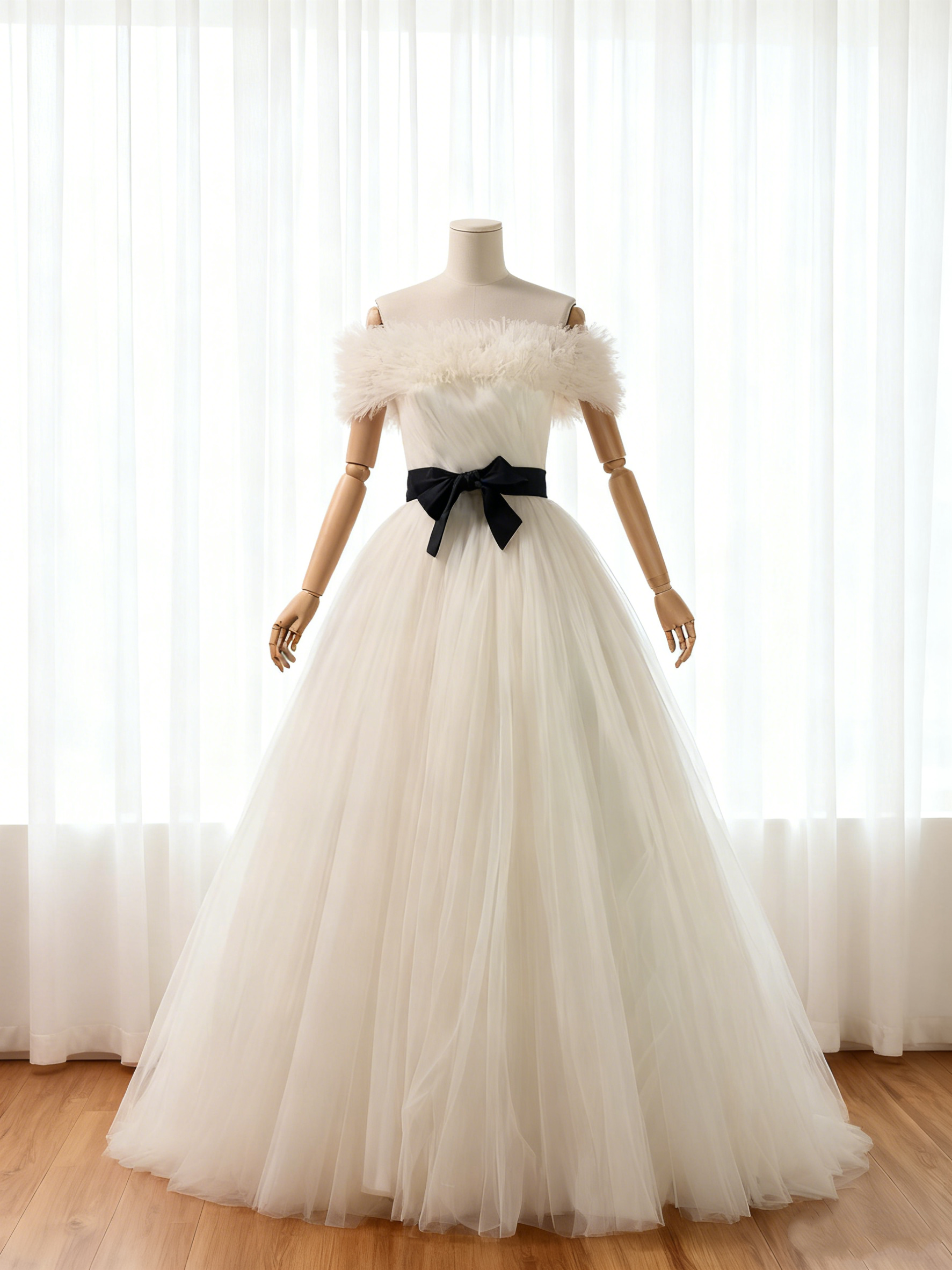 送料無料！ウェディングドレス 柔らかく重ねたチュールスカート サッシュベルト 取り外し可能なオフショルダー 床付く