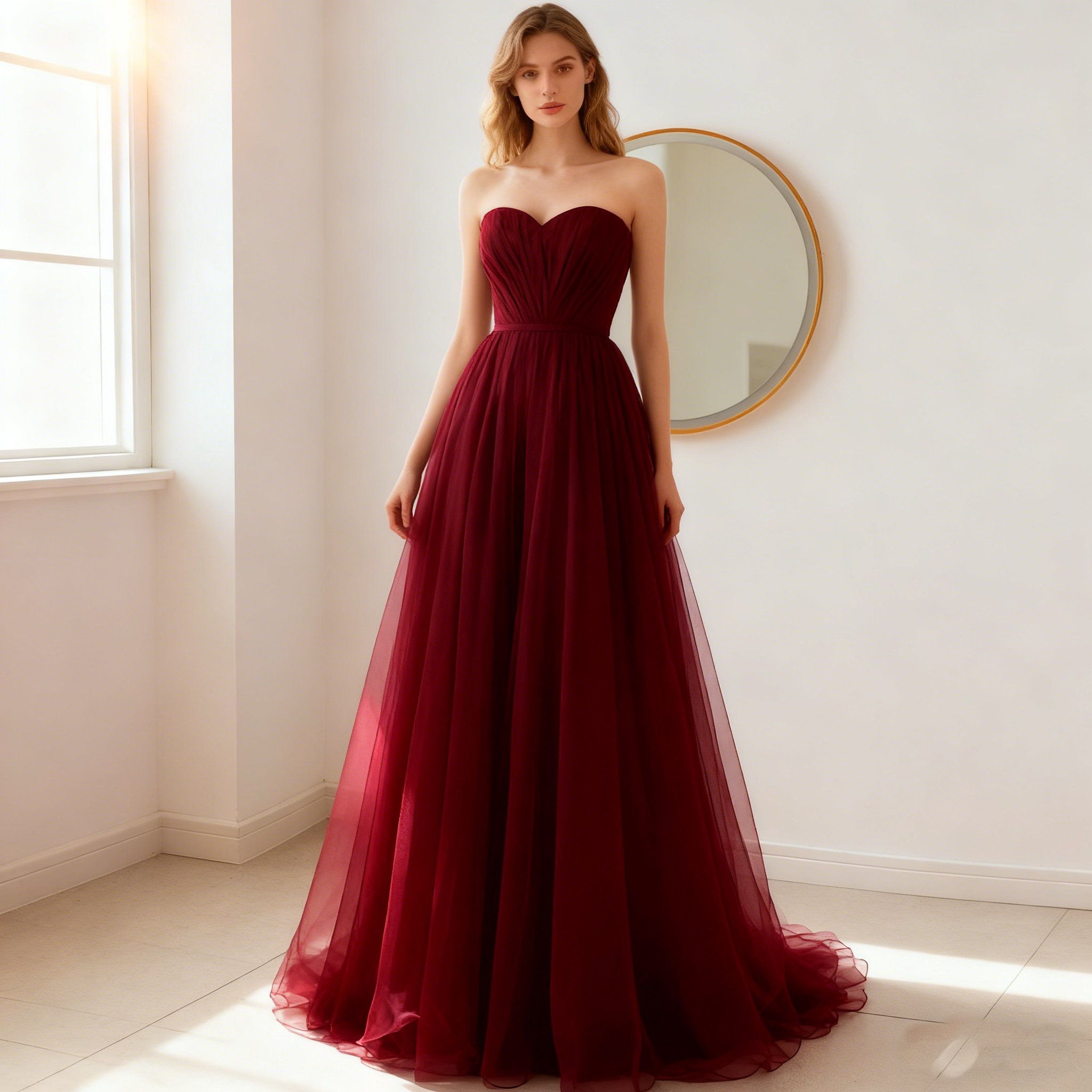 カラードレス  ボルドー色   ソフトチュール  短トレーン  ビスチェドレス  結婚式  前撮り