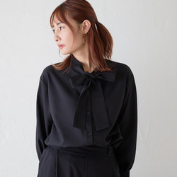黒のブラウス 胸元タックエアリーエアリーシフォンブラウス(長袖・黒)SS-19b