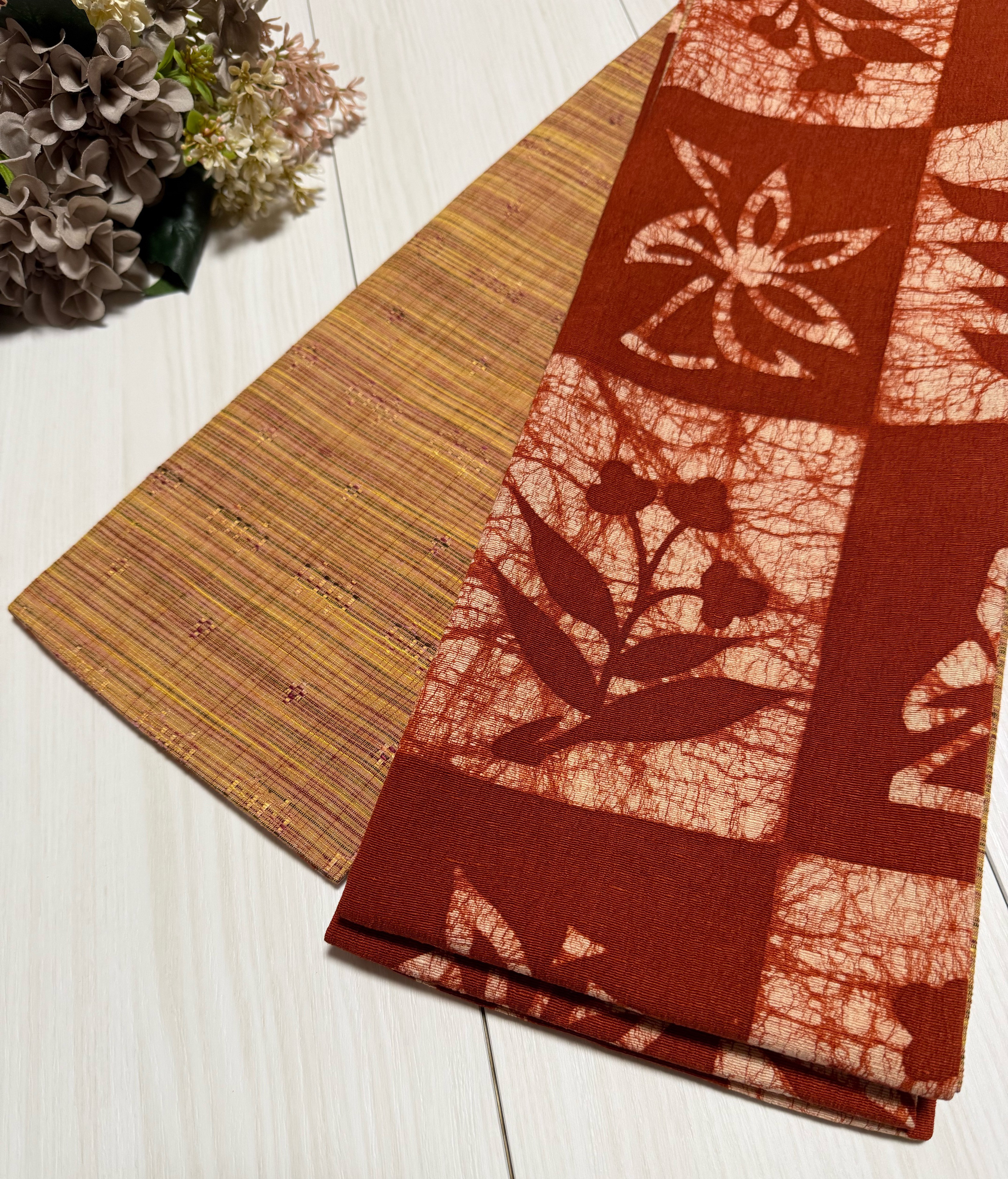 最後の一点！271号 半幅帯 ろうけつ染め紬×花織風紬 正絹 リバーシブル