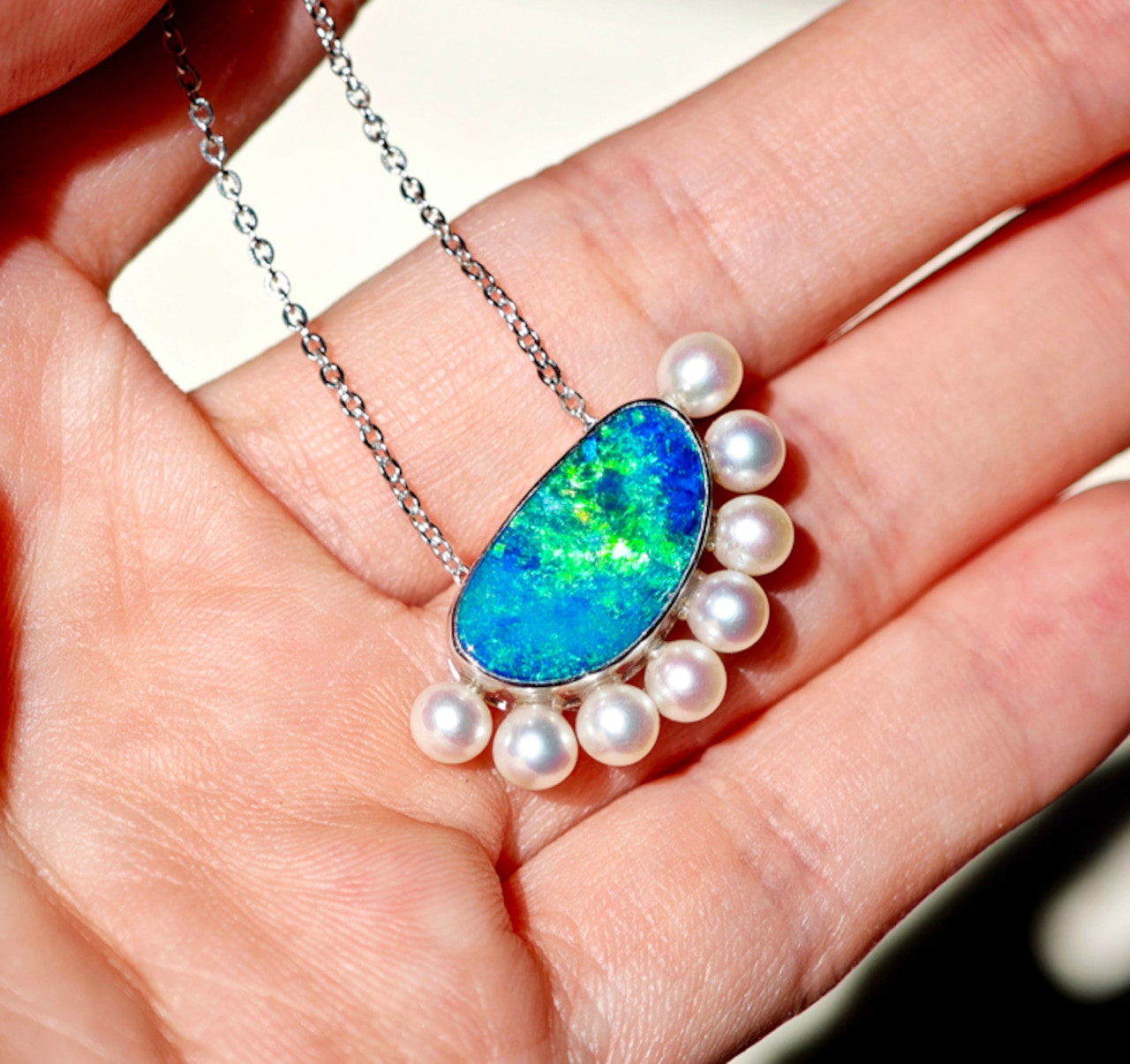 ダブレットオパール　天然あこや真珠　シルバー　ネックレス