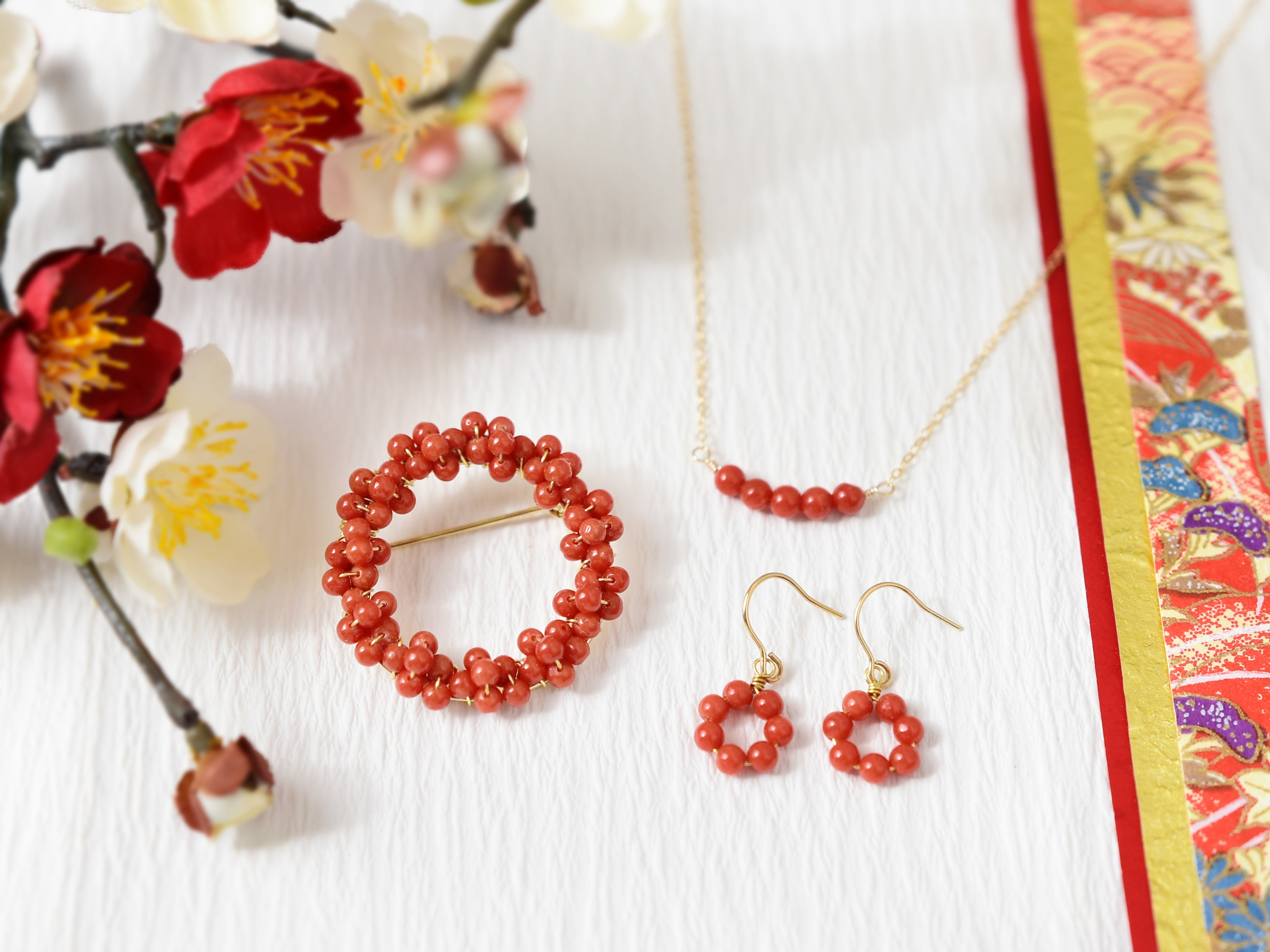 Creema限定新春福袋〈松〉【 天然色 本珊瑚 ( 赤珊瑚 )】 ブローチ 14kgf ネックレス ピアス セット