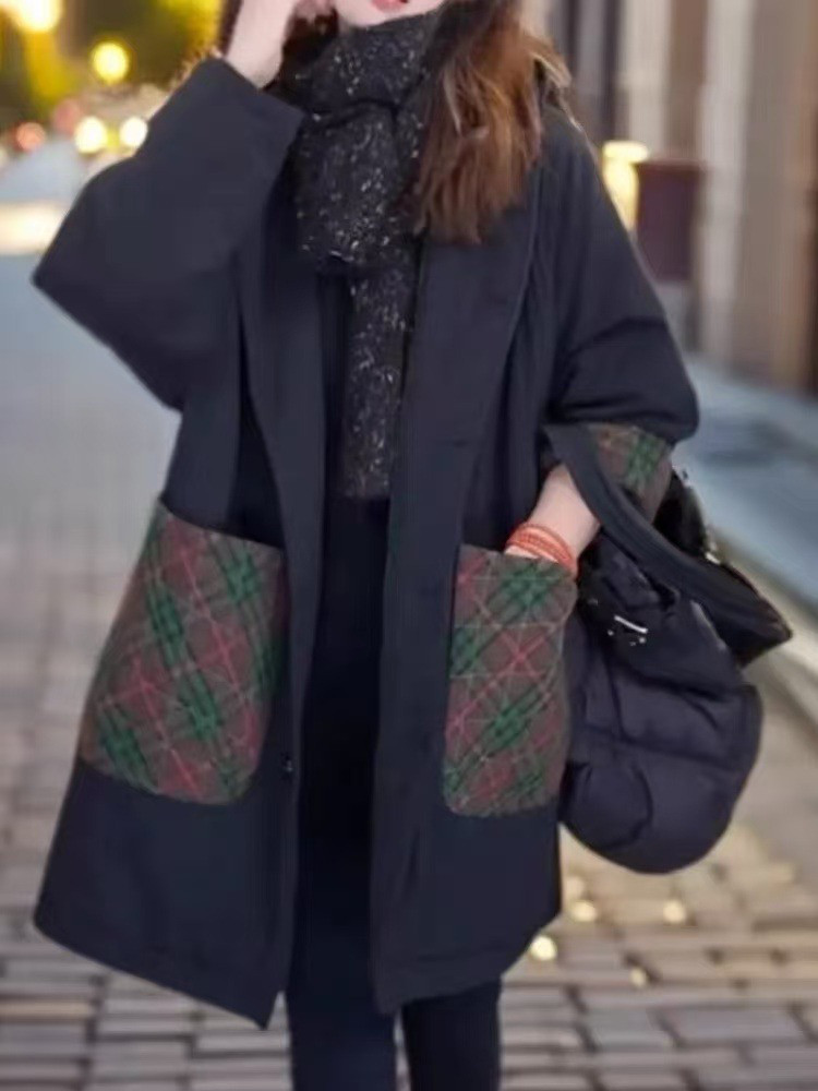 レディース 中綿ジャケット チェック柄切替 配色 フード付き ゆったり 厚手 アウター