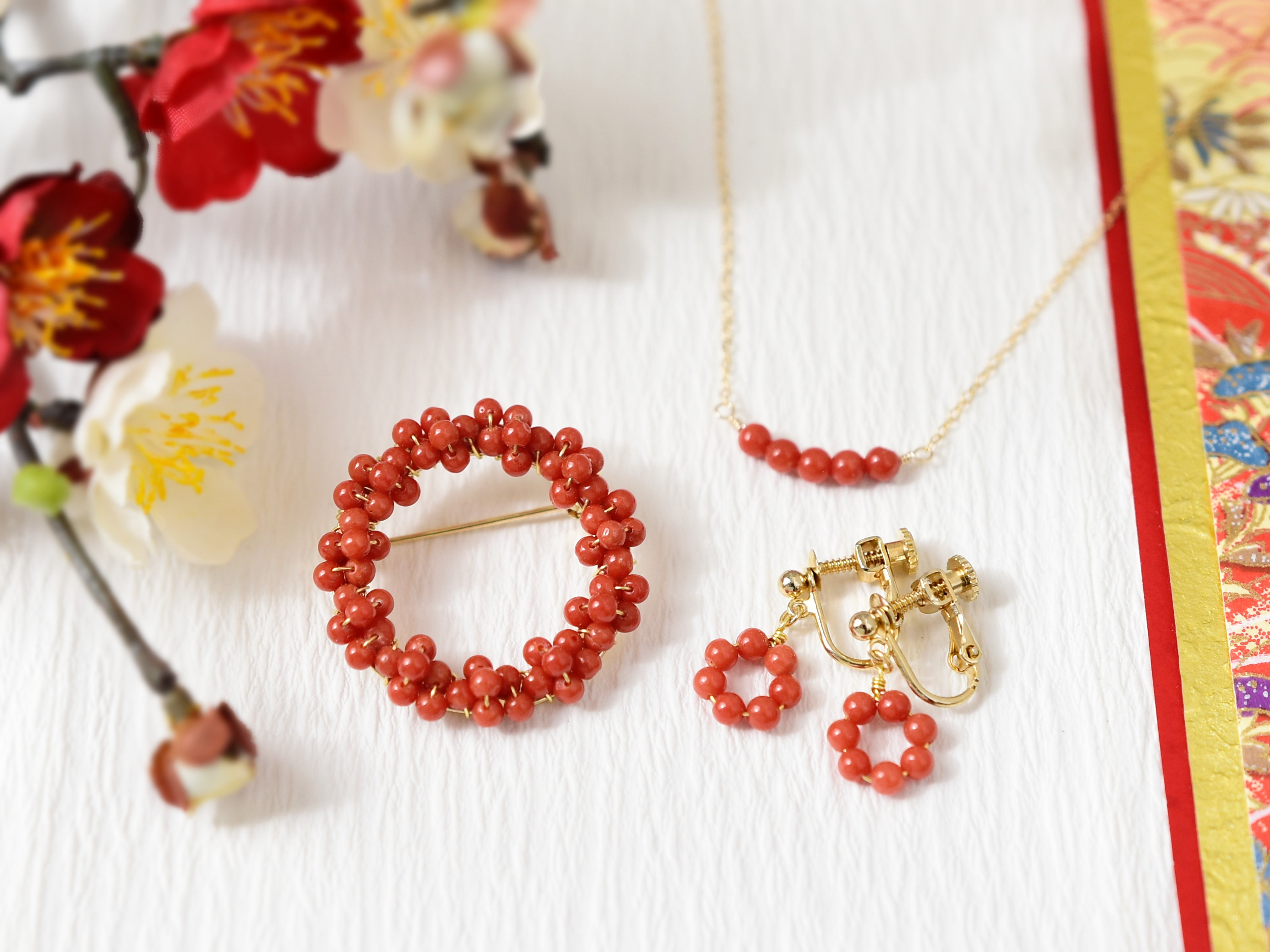 Creema限定新春福袋〈松〉【 天然色 本珊瑚 ( 赤珊瑚 )】 ブローチ 14kgf ネックレス イヤリング セット