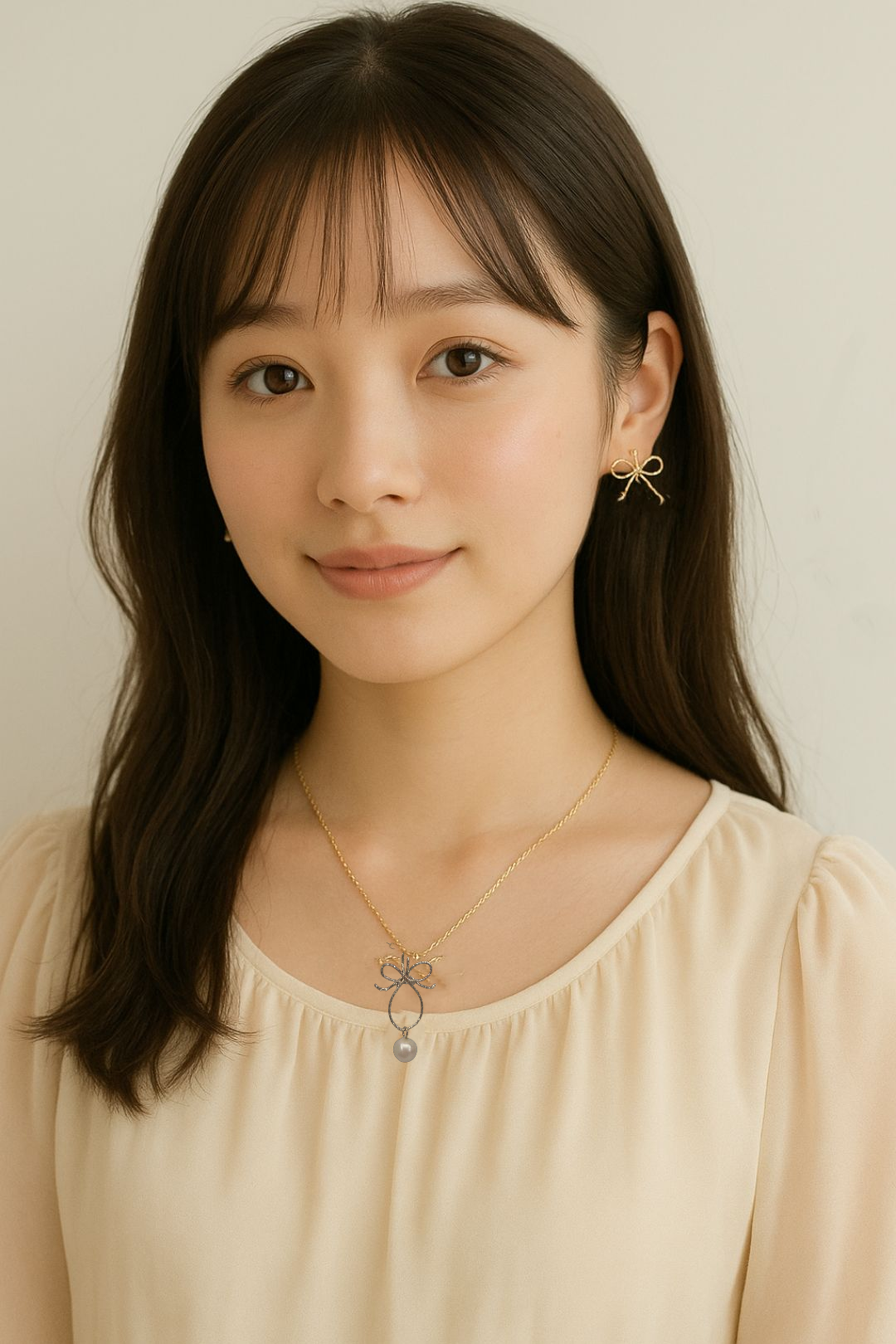 リボン×宇和島産あこや本真珠7mm　ゴールドアクセサリーセット（ピアス＆ネックレス） 華奢で上品・大人フェミニン