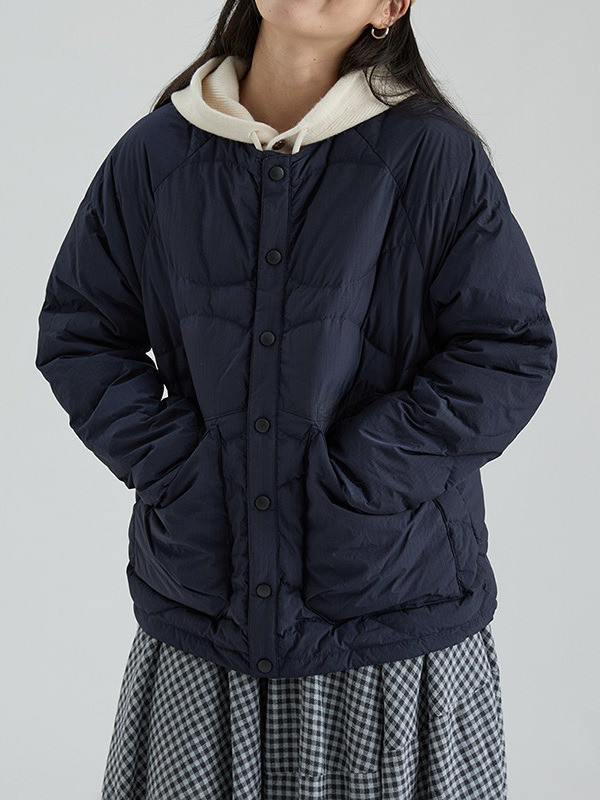 レディース キルティングジャケット ノーカラー 無地 薄手 軽量 ゆったり アウター 冬