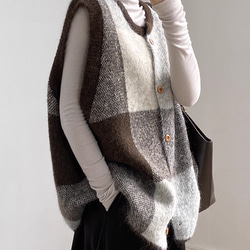 完売】アルパカウール・ケーブル編みベスト（S-390060-チャコール