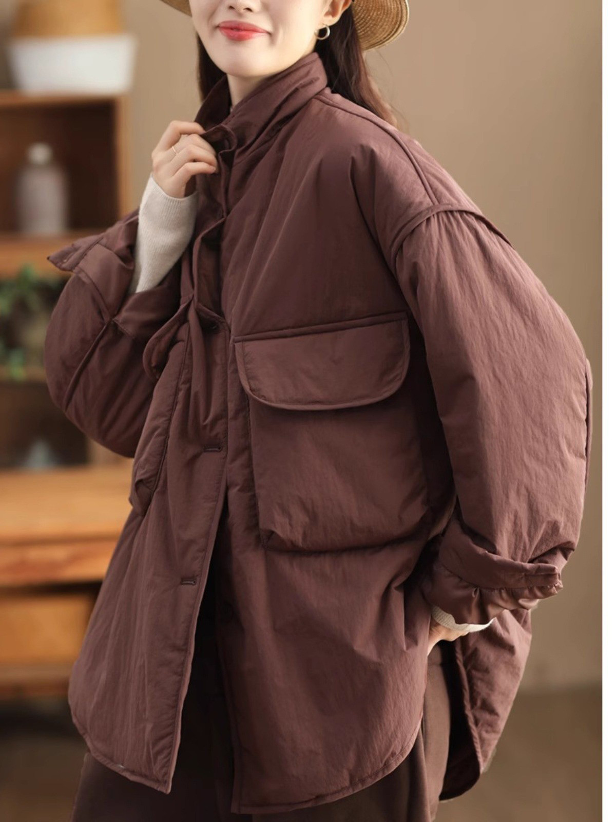レディース 中綿コート スタンドカラー ワークスタイル ビッグポケット ゆったり 厚手 アウター 冬