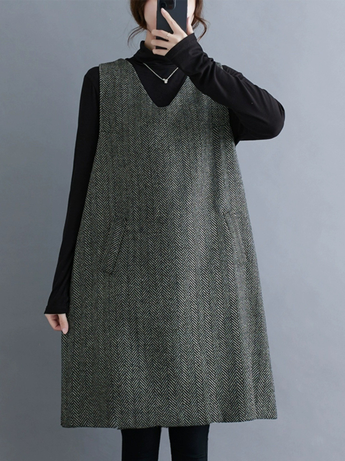 レディース ウール ベストワンピース ミドル丈 ジャンパースカート ゆったり 体型カバー 秋