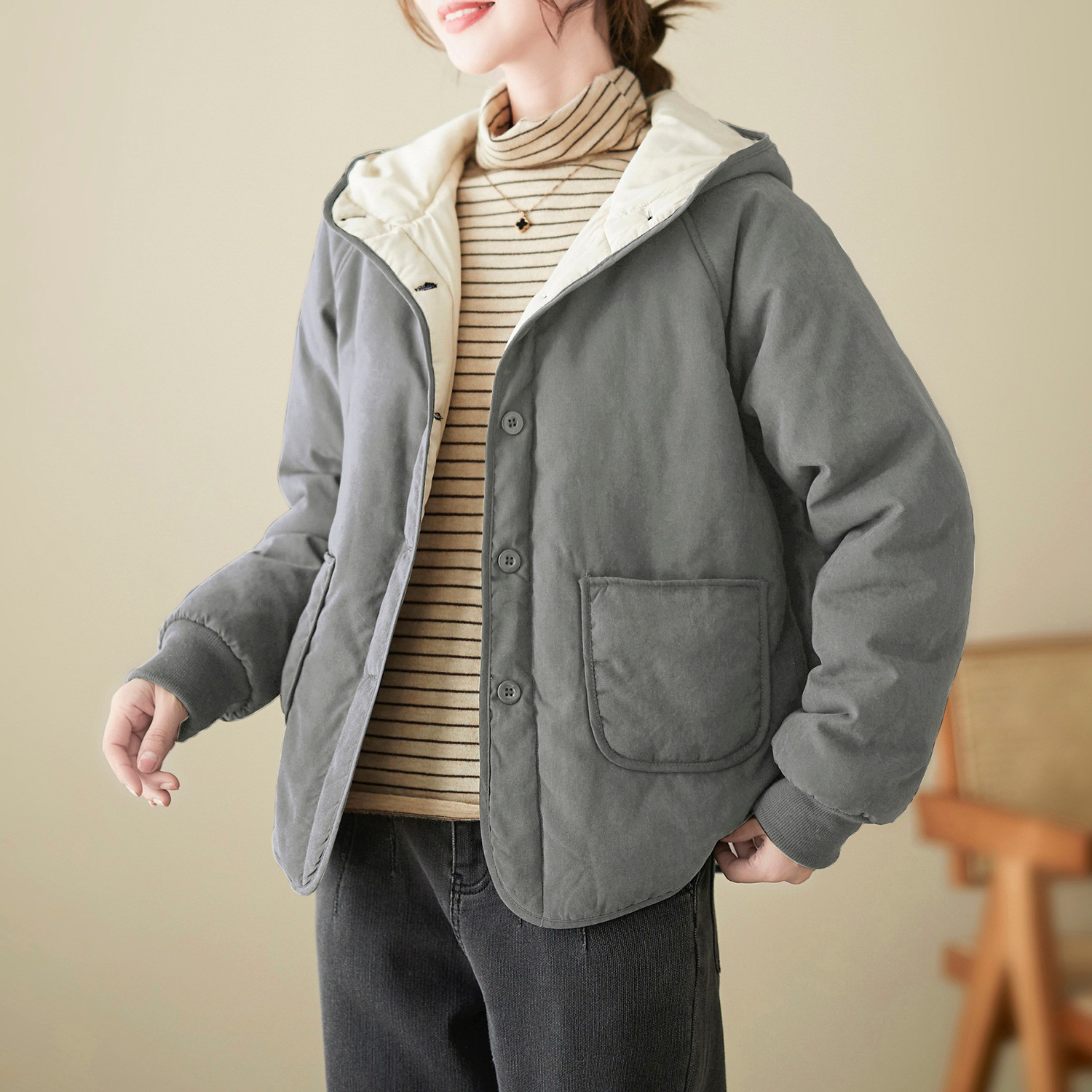 レディース 中綿ジャケット フード付き 無地 ゆったり 厚手 カジュアル アウター 冬