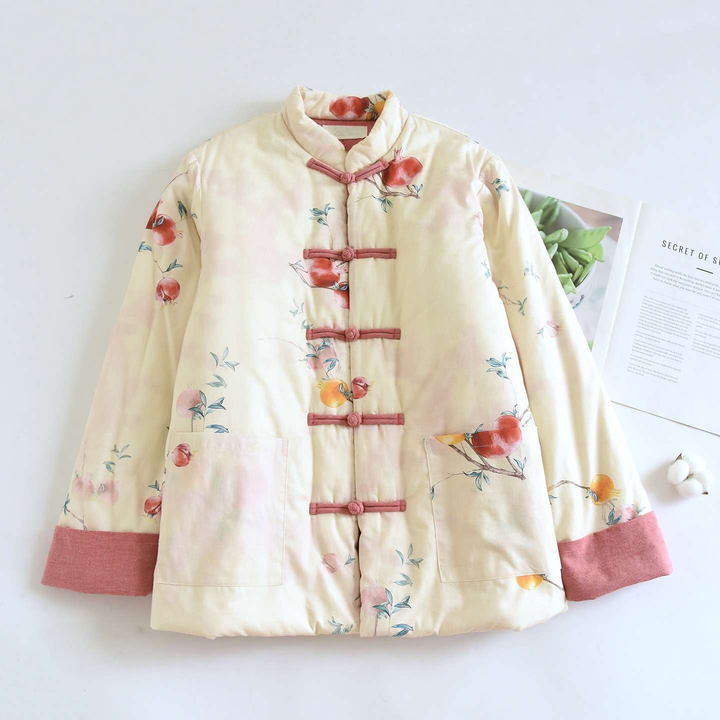 レディース ゆったりプリント スタンドカラー中綿ジャケット