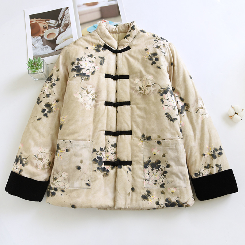 レディース ゆったり花柄プリント ベージュ中綿ジャケット