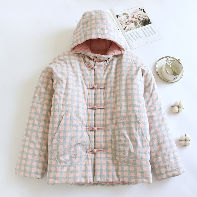 ピンクチェック レディース フード付き中綿ジャケット