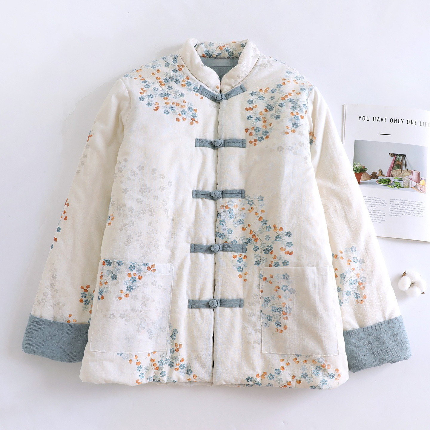 レディース プリント ホワイト ゆったり中綿ジャケット