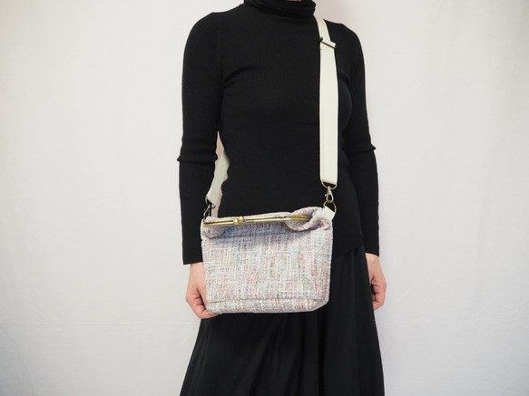 パステル調ファンシーツイード　がまぐち2wayショルダーバッグ｜ ツイードバッグ｜軽量バッグ｜マルチカラー｜秋冬コーデ 3枚目の画像