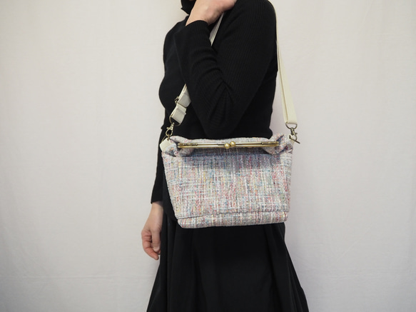 パステル調ファンシーツイード　がまぐち2wayショルダーバッグ｜ ツイードバッグ｜軽量バッグ｜マルチカラー｜秋冬コーデ 9枚目の画像