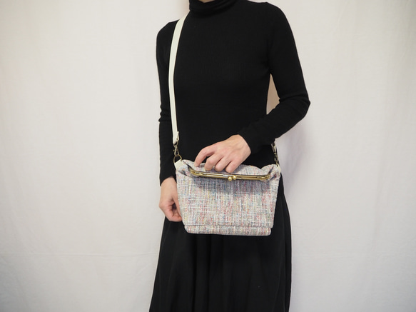 パステル調ファンシーツイード　がまぐち2wayショルダーバッグ｜ ツイードバッグ｜軽量バッグ｜マルチカラー｜秋冬コーデ 15枚目の画像