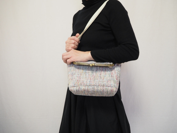 パステル調ファンシーツイード　がまぐち2wayショルダーバッグ｜ ツイードバッグ｜軽量バッグ｜マルチカラー｜秋冬コーデ 2枚目の画像