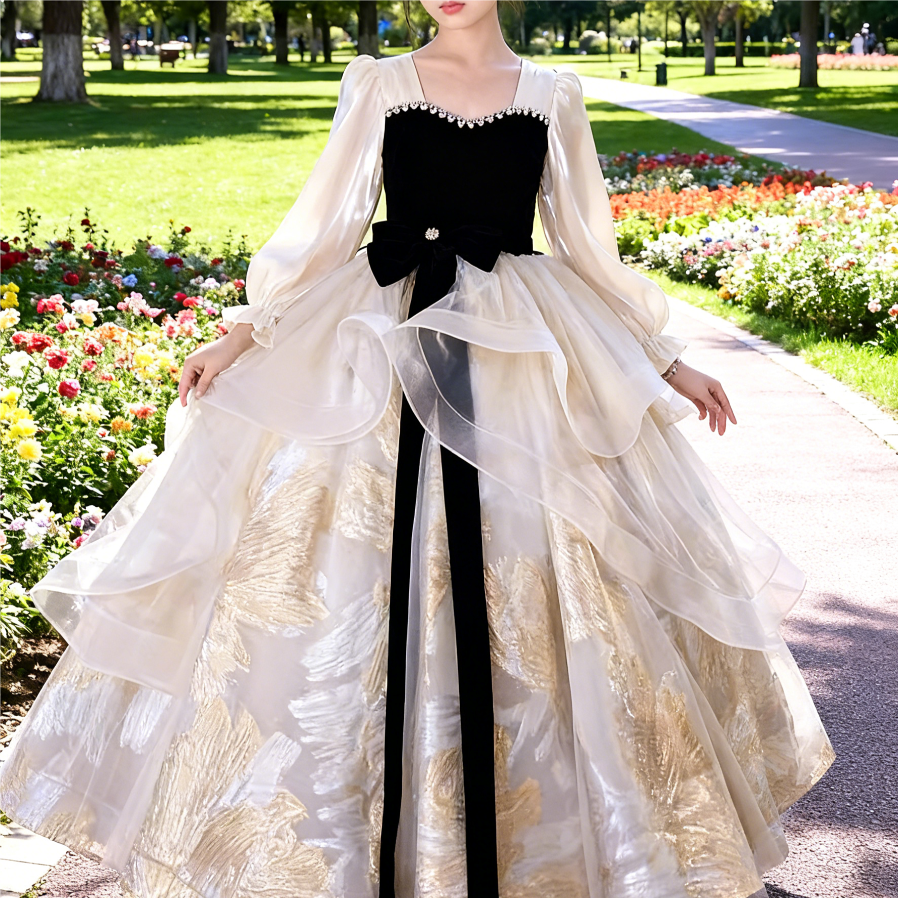 子供ドレス チュールドレス  女の子  キッズ慶事ドレス 結婚式花童 金色羽根プリント ボウタイ 演奏会・誕生日パーテ