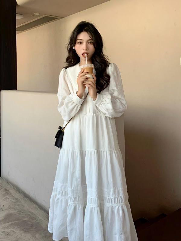 大きいサイズ フレンチテイスト ベビーカラー ワンピース 春・秋・冬用 ウエスト絞り スリム効果 ルーズ A ライン ミ