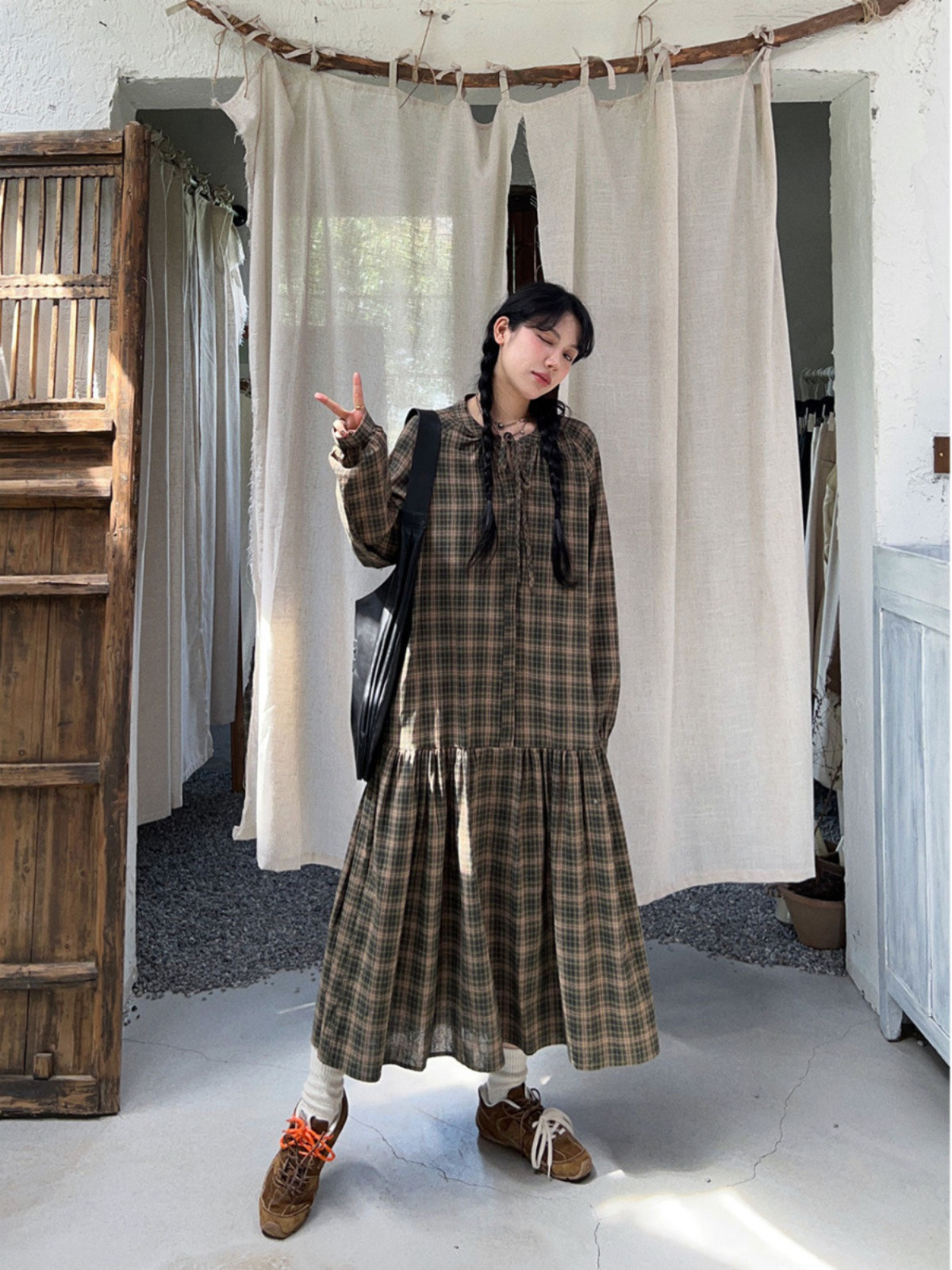 大きいサイズ レトロ風 ルーズ ロング丈 チェック柄 ロングスリーブ ワンピース 春・秋・冬用 肉隠し スリム効果 ベビ