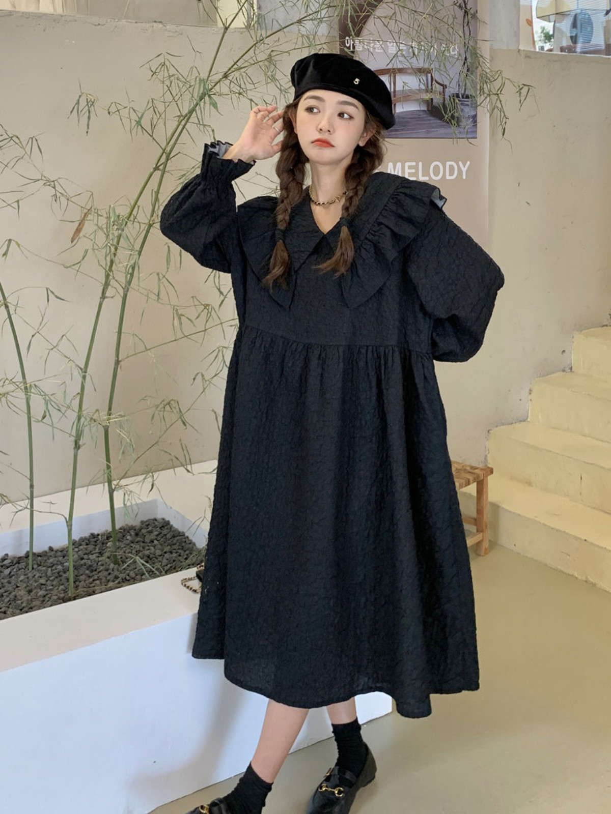 大きいサイズ フレンチテイスト ベビーカラー ワンピース 春・秋・冬用 ルーズフィット スリム効果 ロングスリーブ ヘプ