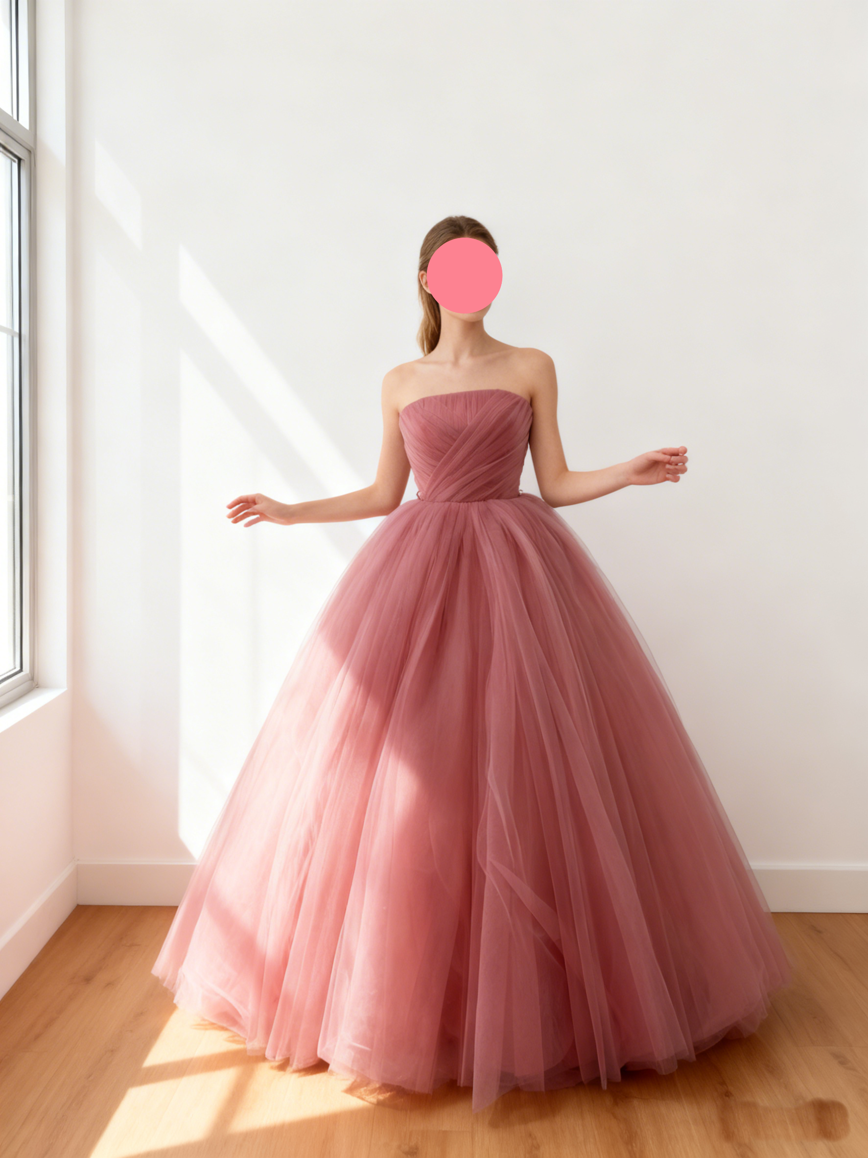 送料無料！カラードレス ピンク ベアトップ 床付く 編み上げ スレンダーライン  フレアスカート ハンドドレープ 花嫁