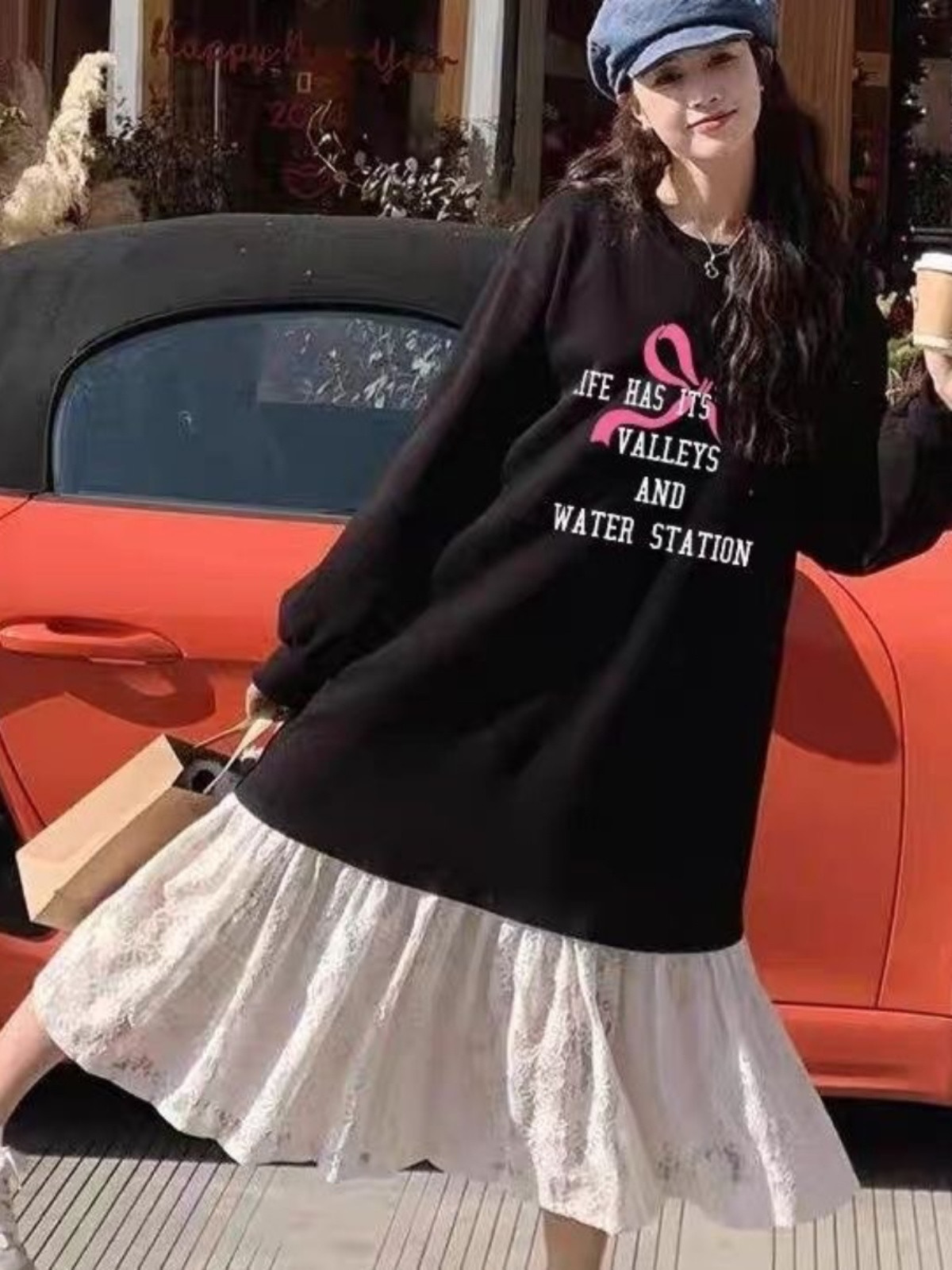 大きいサイズ 春・秋・冬 ニューモデル レースプリント ワンピース ルーズフィット 肉隠し スリム効果 韓国風 ミッドレ