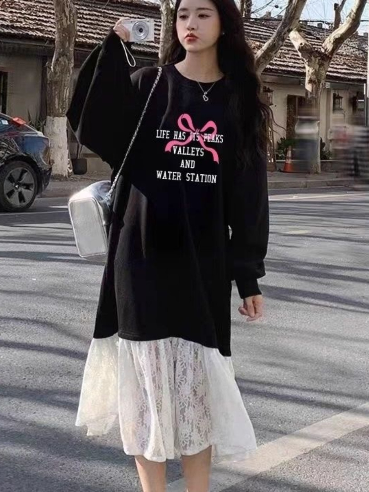 大きいサイズ 春・秋・冬 ニューモデル レースプリント ワンピース ルーズフィット 肉隠し スリム効果 韓国風 ミッドレ