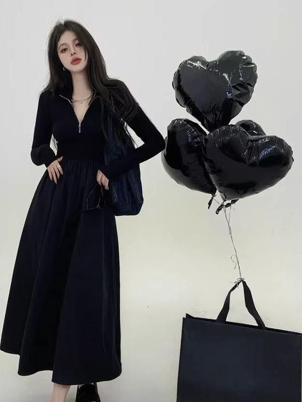 大きいサイズ フレンチテイスト 高級感 レトロ風 ポロカラー ロング丈 ワンピース 春・秋・冬用 お腹隠し スリム効果