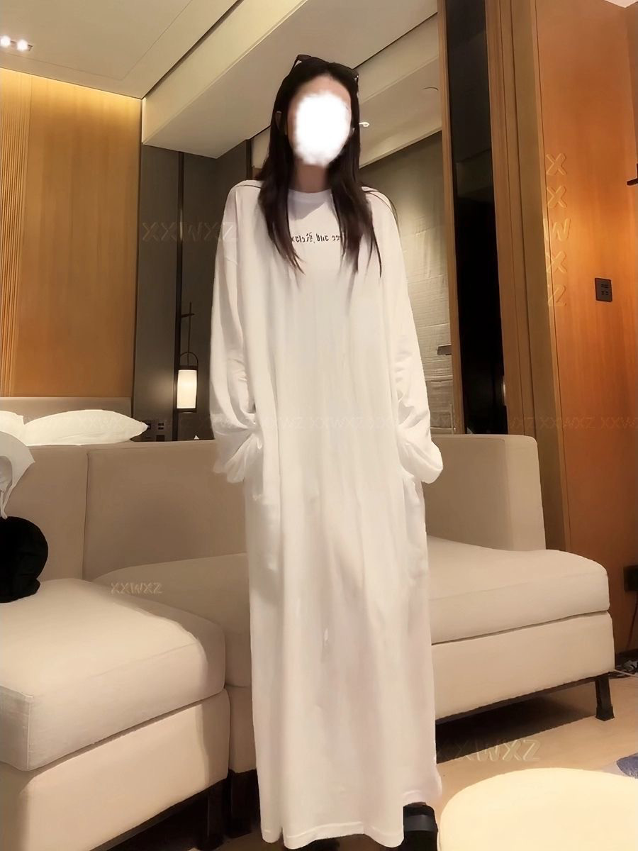 大きいサイズ レイドバックスタイル アルファベットプリント T シャツワンピース 春・秋・冬用 ルーズフィット お腹隠し