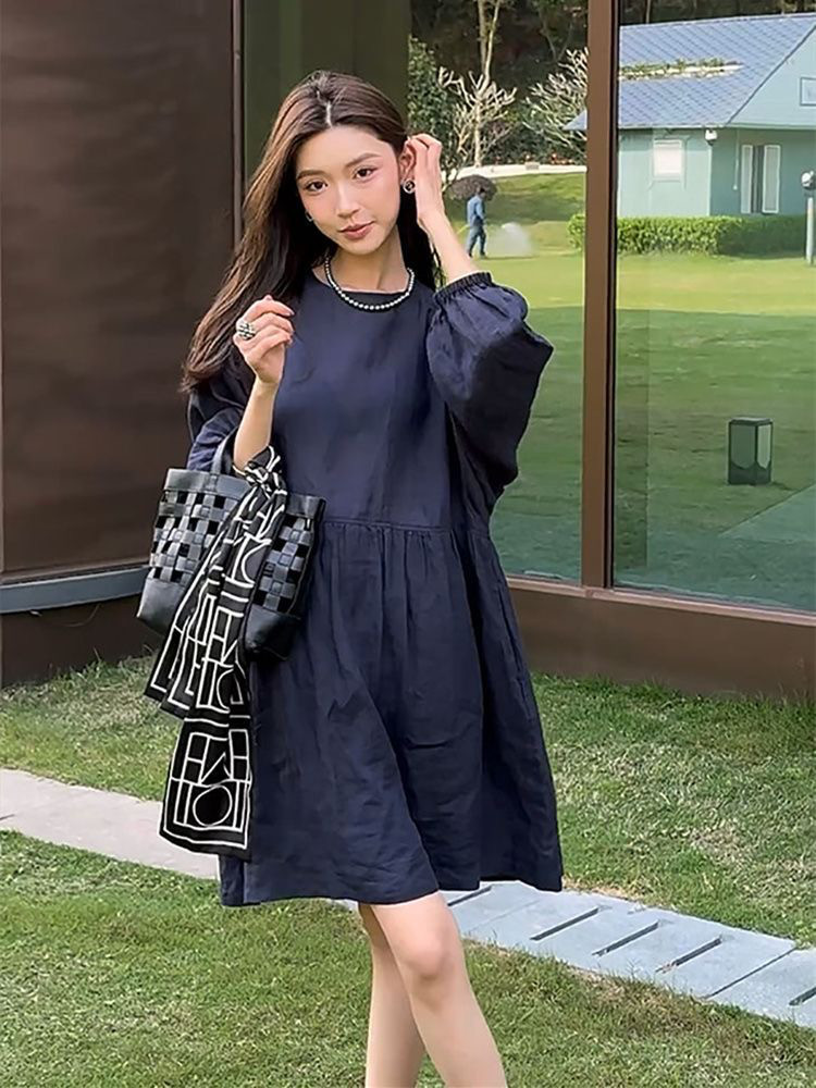 大きいサイズ フレンチテイスト 丸襟 ロングスリーブ シャツワンピース 春・秋・冬用 ルーズフィット お腹隠し スリム効