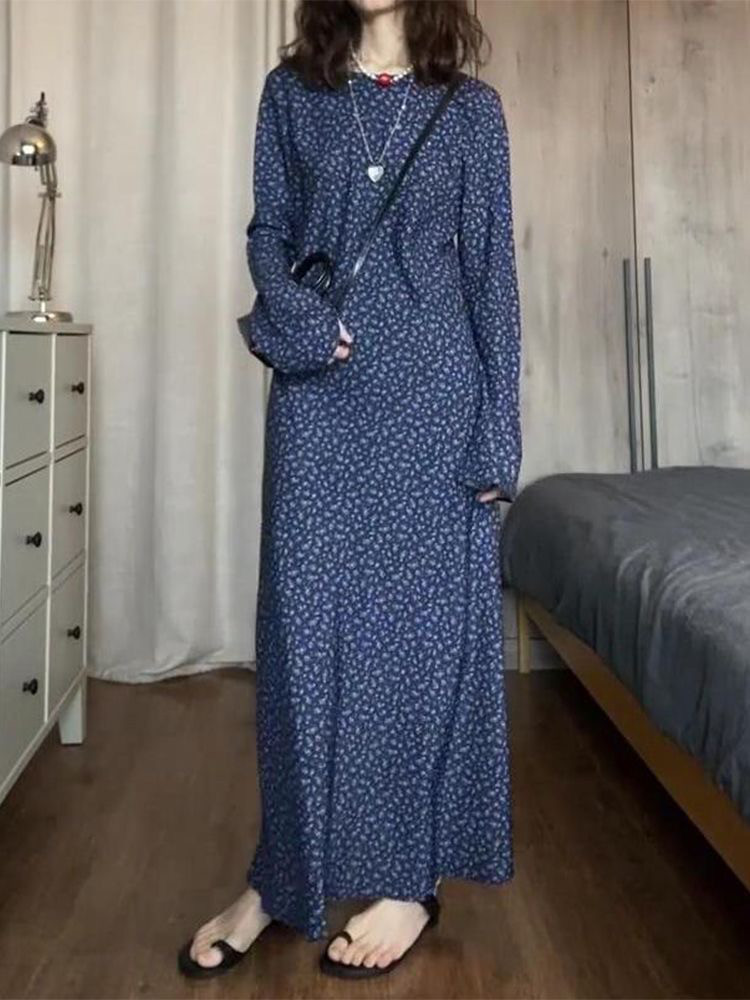 大きいサイズ ミニマルテイスト 気質あり 青色 フラワープリント ロングスリーブ ワンピース 春・秋・冬 ニューモデル