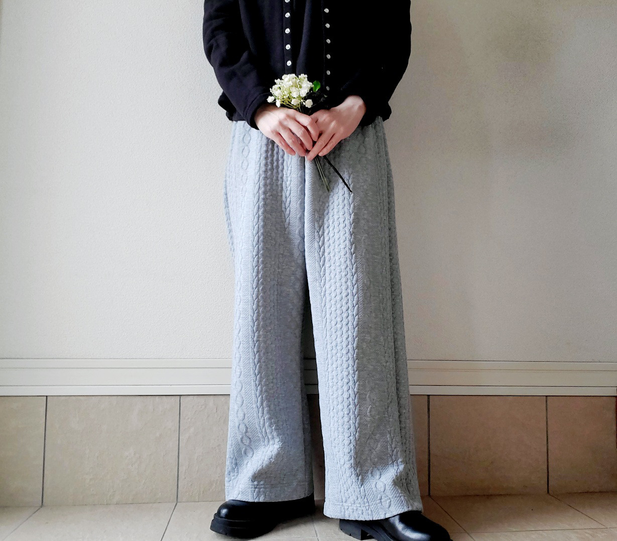 【新作数量限定】ゆったり心地よい大人のジャガードニットパンツ　体のラインを拾いにくい♡楽して綺麗に見えるスェット旅行にも