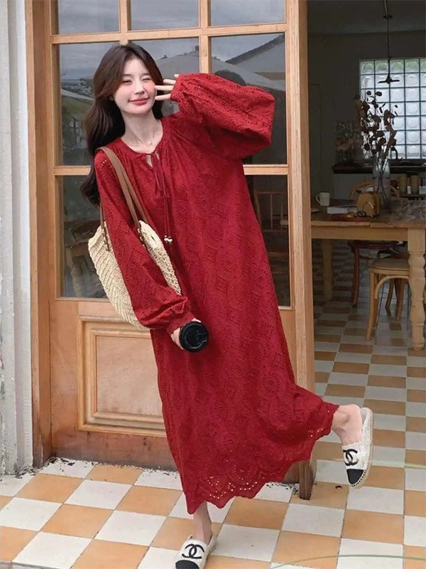 大きいサイズ レイドバックスタイル バルーンスリーブ 赤色 カットアウト ロングスリーブ ルーズフィット お腹隠し スリ