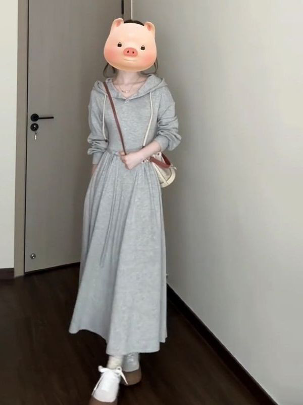 大きいサイズ 年齢を感じさせない ウエスト締め フィット スリム効果 フード付きスウェット ニーパス ロング丈 A ライ