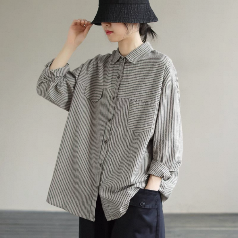 綿麻風 シャツ 可愛い ゆったり 春 秋 長袖 ストライプ柄